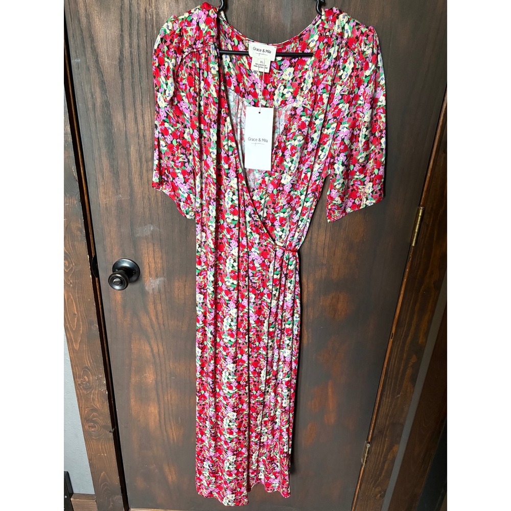 Grace & Mila Paris Perline Floral Wrap Midi Dress Red XL NWT